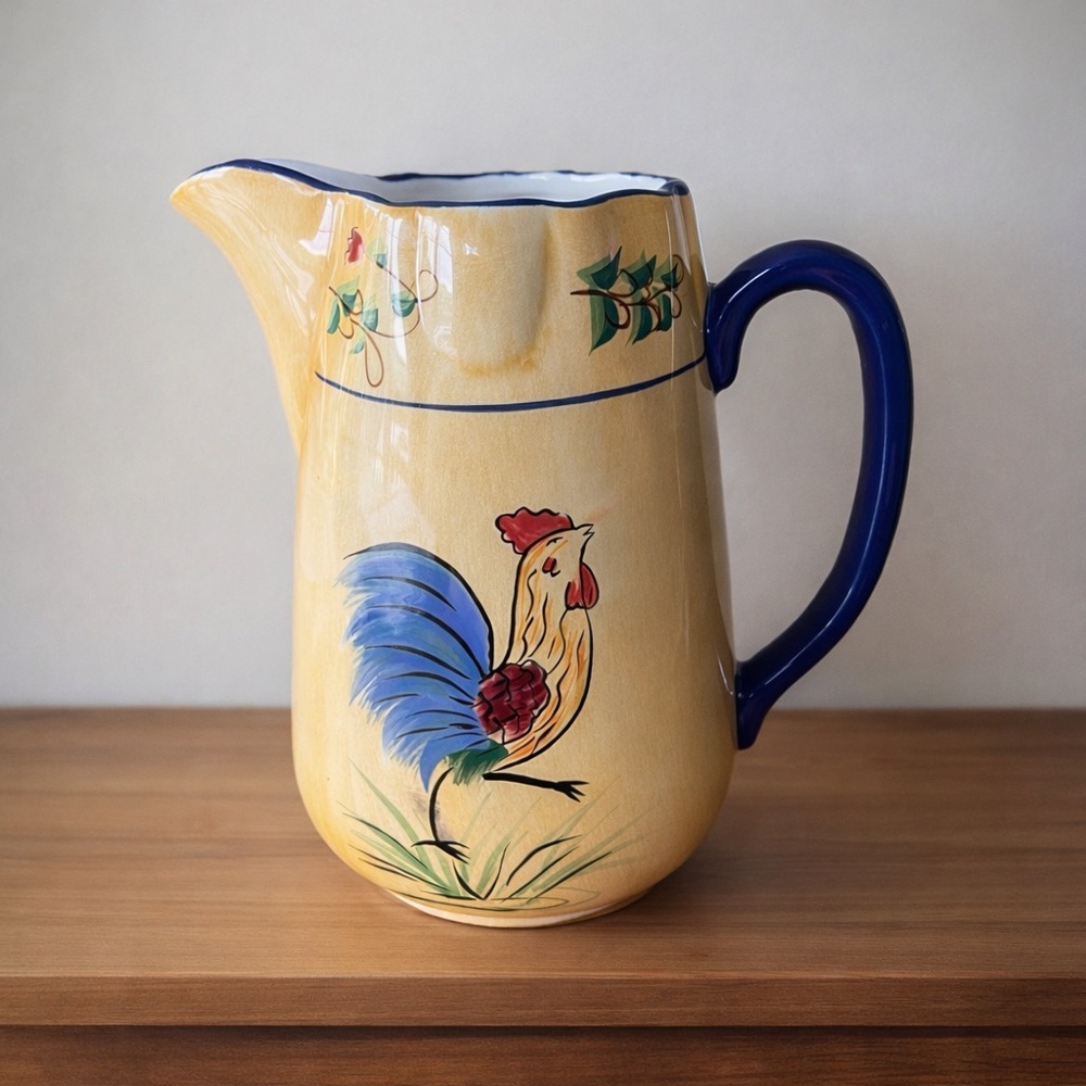 Cracker Barrel Rooster Pitcher Blue Handle Farmhouse Kitchen Decor Cottagecore